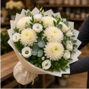 Buchete Crizanteme crem cu lisianthus alb - poza 2