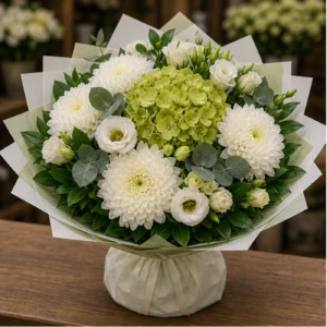 Buchete Crizanteme premium alb-verde cu hortensie - poza 1