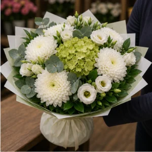 Buchete Crizanteme premium alb-verde cu hortensie - poza 2
