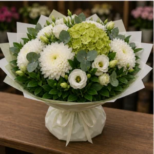 Buchete Crizanteme premium alb-verde cu hortensie - poza 3