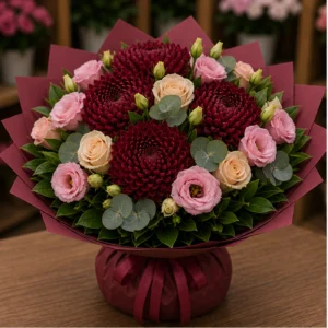 Buchete Crizanteme premium burgundy cu lisianthus roz - poza 1