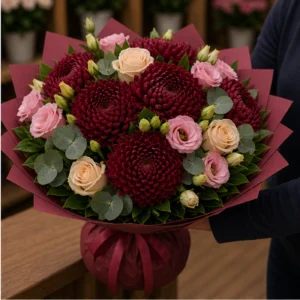 Buchete Crizanteme premium burgundy cu lisianthus roz - poza 2