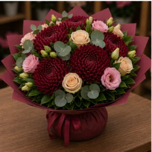 Buchete Crizanteme premium burgundy cu lisianthus roz - poza 3