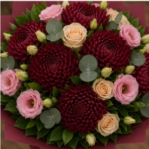 Buchete Crizanteme premium burgundy cu lisianthus roz - poza 4