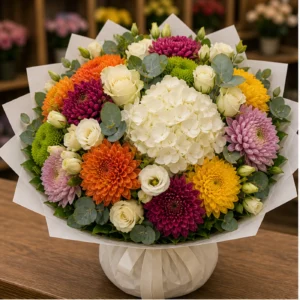 Buchete Crizanteme premium multicolor cu hortensie alba - poza 1