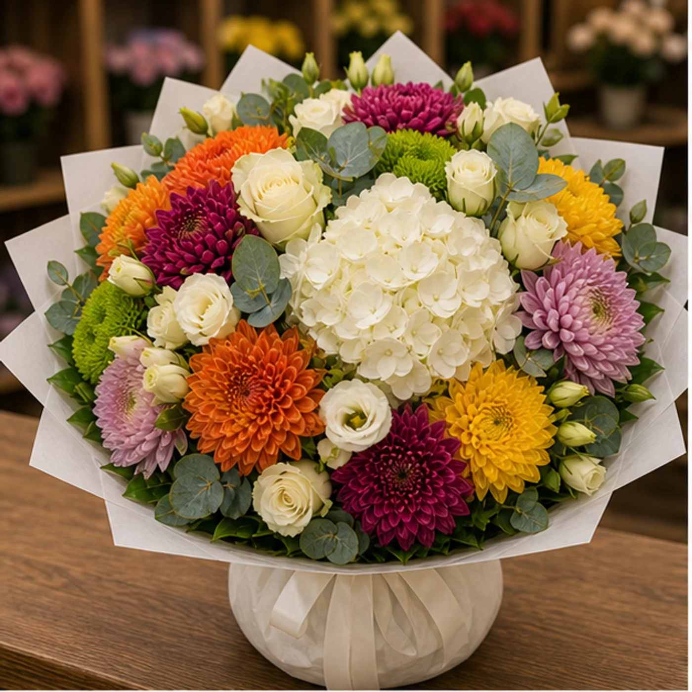 Buchete Crizanteme premium multicolor cu hortensie alba - poza 1