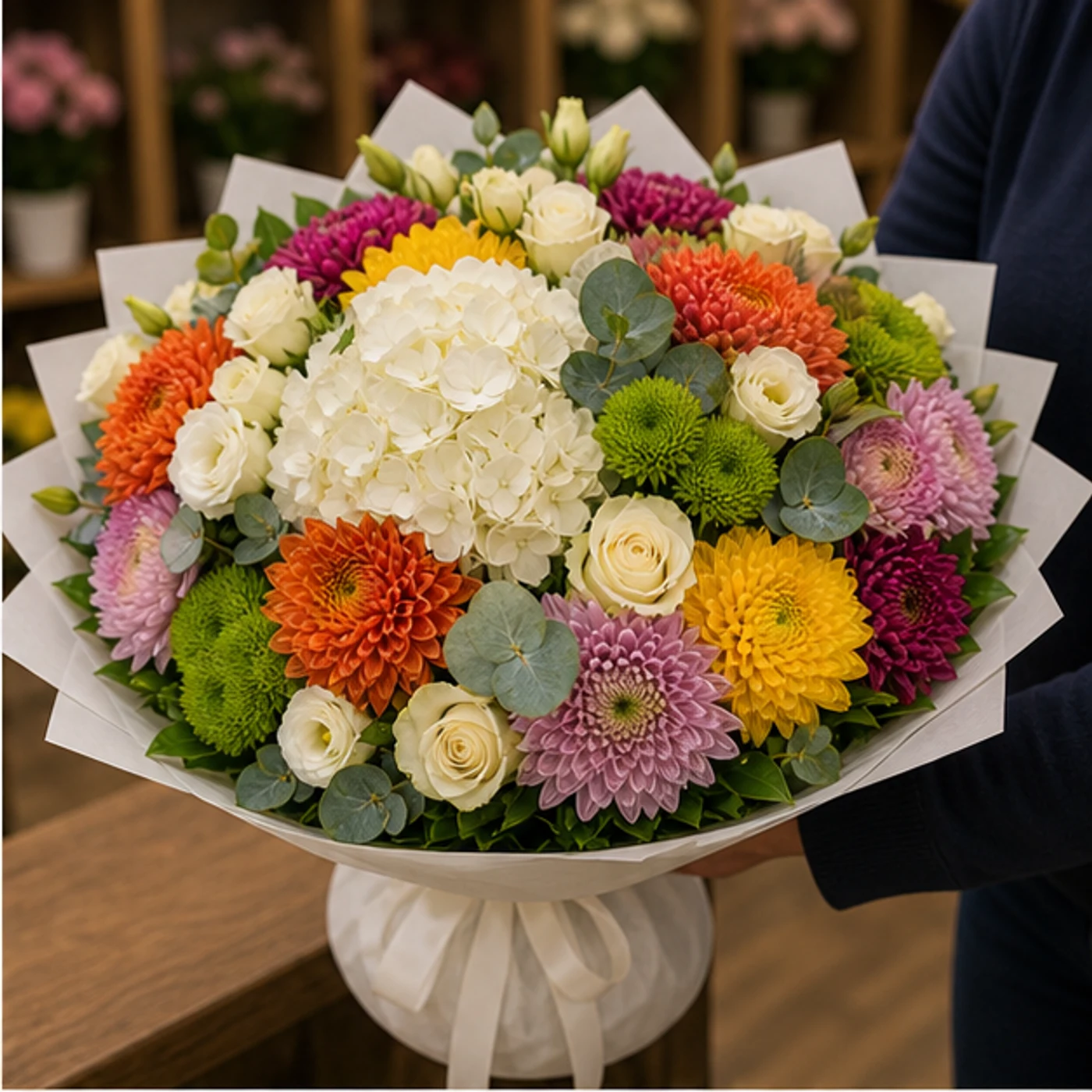 Buchete Crizanteme premium multicolor cu hortensie alba - poza 2