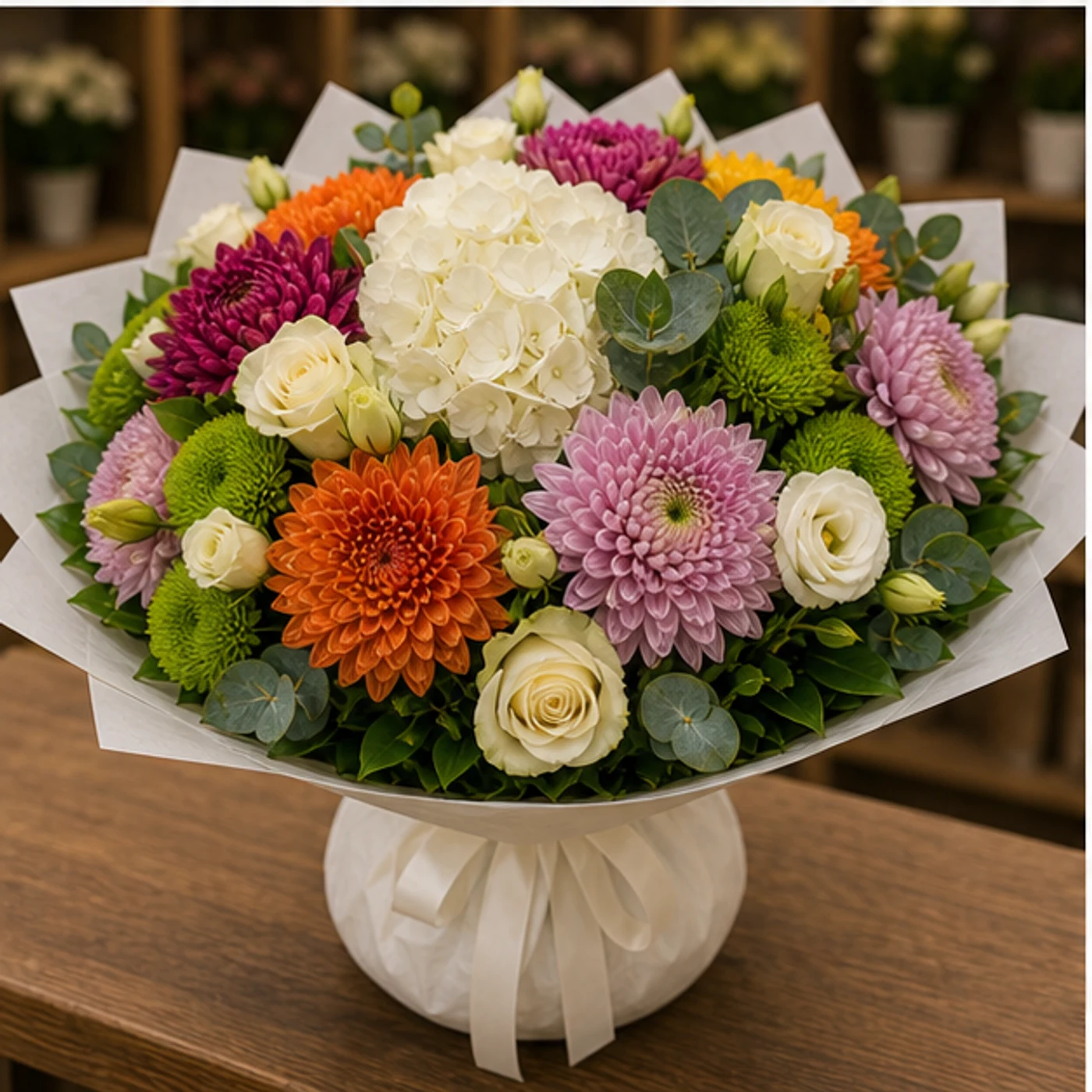 Buchete Crizanteme premium multicolor cu hortensie alba - poza 3