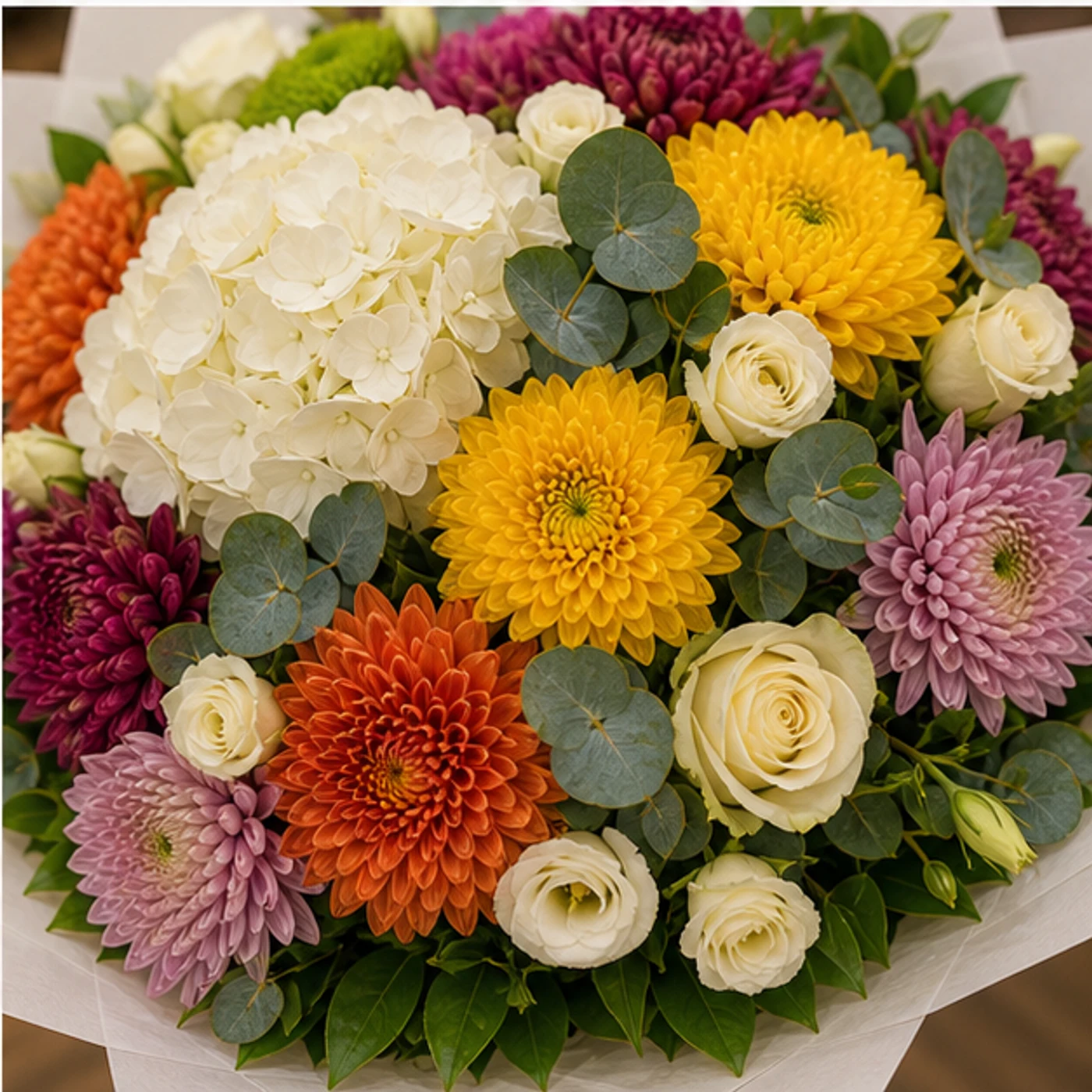 Buchete Crizanteme premium multicolor cu hortensie alba - poza 4