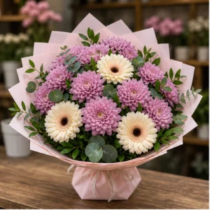 Buchete Crizanteme roz cu gerbera crem - poza 1