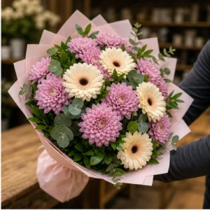 Buchete Crizanteme roz cu gerbera crem - poza 2