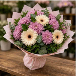 Buchete Crizanteme roz cu gerbera crem - poza 3