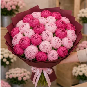 Buchete cu bujori 37 fire fuchsia si roz pal - poza 2