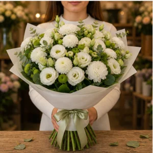 Cadou aniversar cu flori alb verde cu lisianthus - poza 3