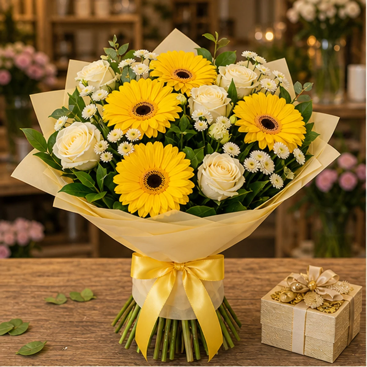 Cadou aniversar cu flori galben luminos cu gerbera - poza 1