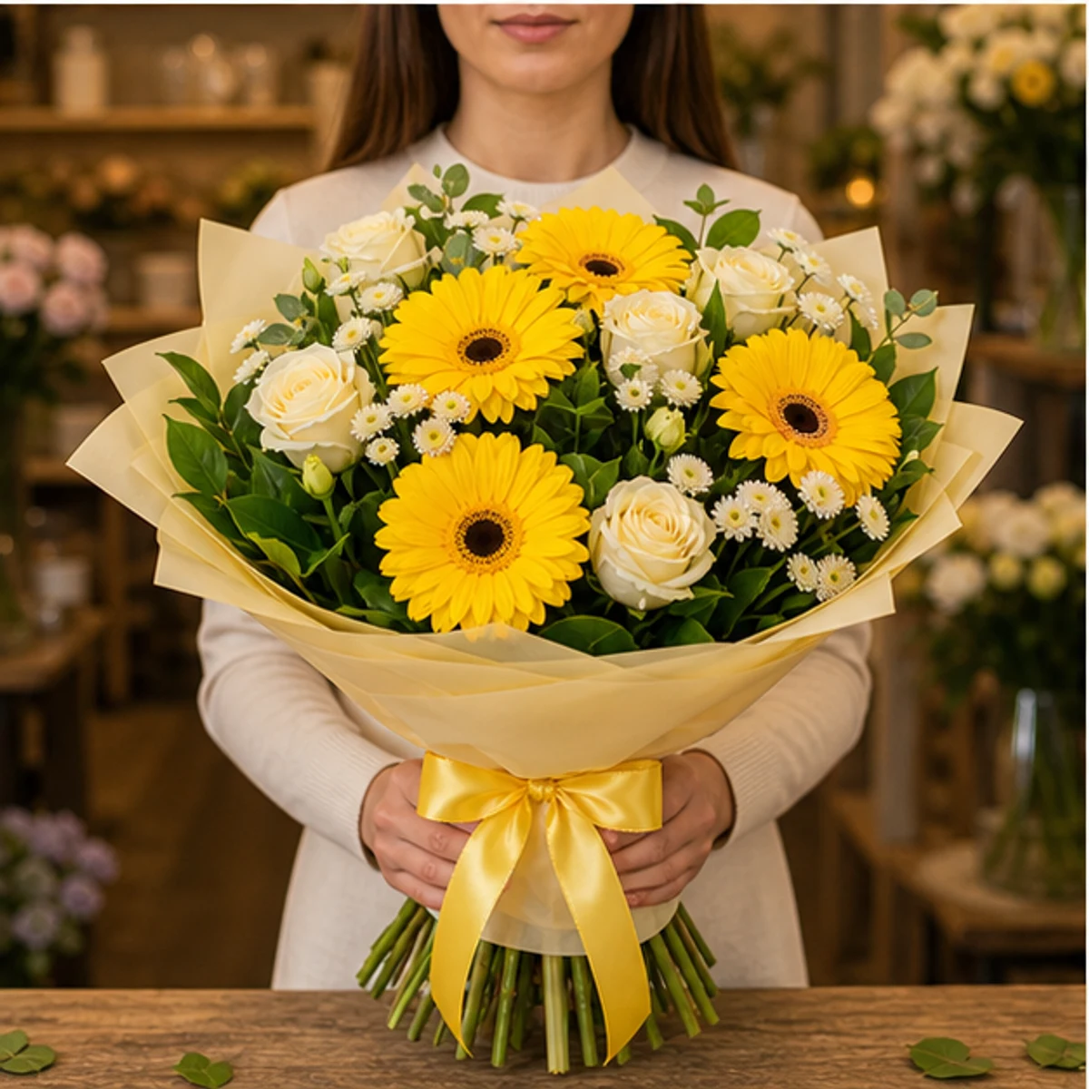 Cadou aniversar cu flori galben luminos cu gerbera - poza 3