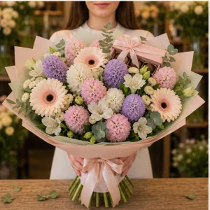 Cadou aniversar cu flori pastel cu gerbera si praline - poza 3