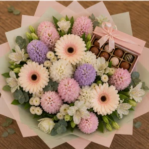 Cadou aniversar cu flori pastel cu gerbera si praline - poza 4