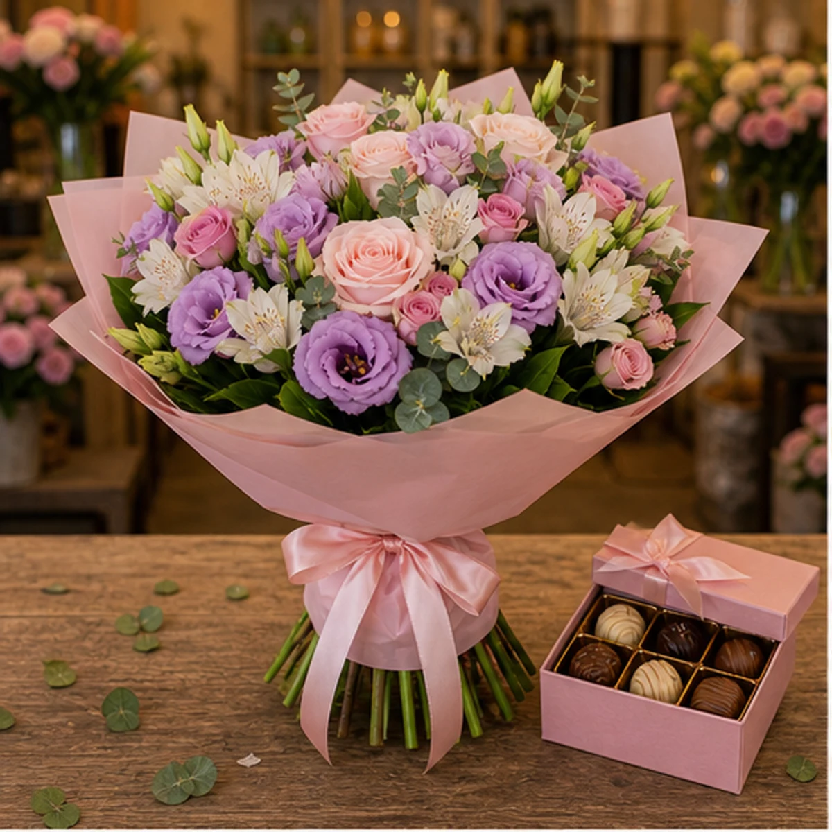 Cadou aniversar cu flori romantic roz cu ciocolata - poza 1