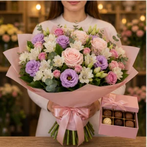 Cadou aniversar cu flori romantic roz cu ciocolata - poza 3