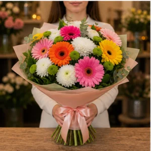 Cadou aniversar cu flori vesel multicolor cu gerbera - poza 3