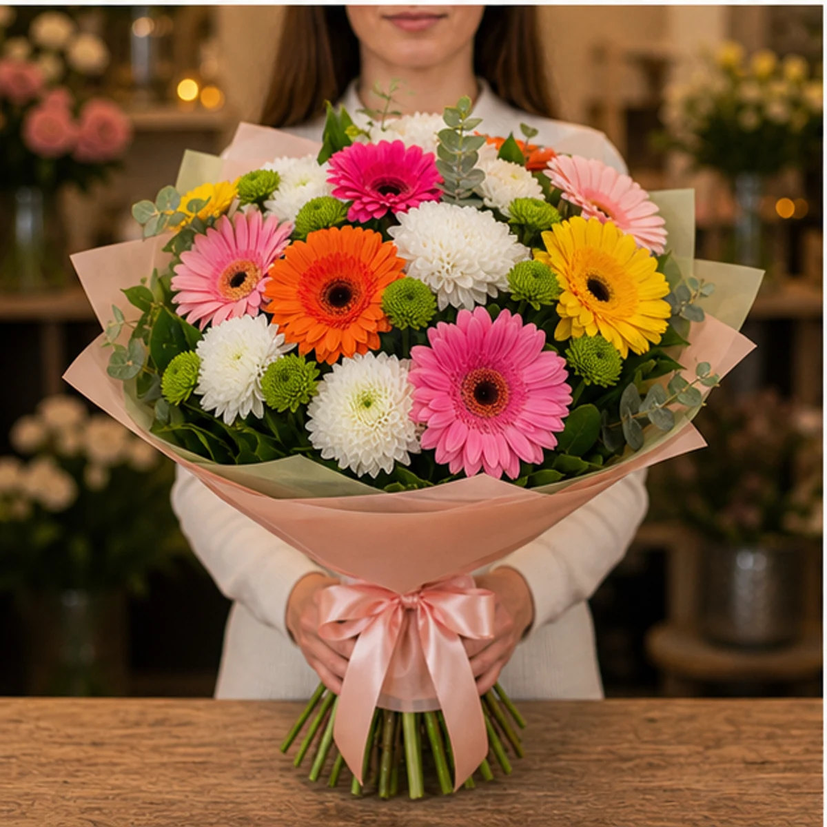 Cadou aniversar cu flori vesel multicolor cu gerbera - poza 3