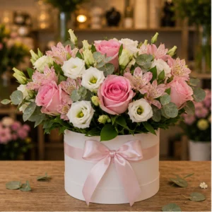 Cadou cu flori alb roz intr-o cutie eleganta - poza 1