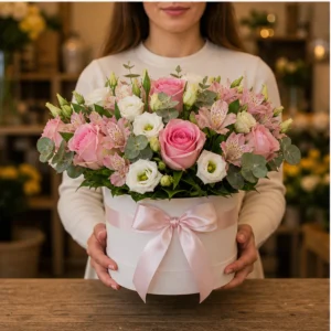 Cadou cu flori alb roz intr-o cutie eleganta - poza 3