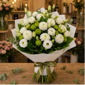Cadou cu flori alb verde cu lisianthus - poza 1
