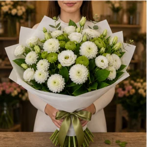 Cadou cu flori alb verde cu lisianthus - poza 3
