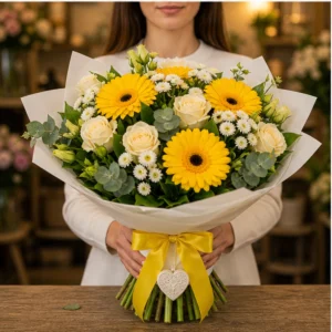Cadou cu flori galben luminos cu gerbera - poza 3