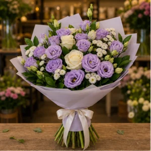 Cadou cu flori lila cu lisianthus si salal - poza 1