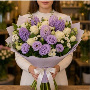 Cadou cu flori lila cu lisianthus si salal - poza 3