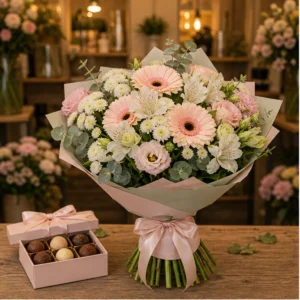 Cadou cu flori pastel cu gerbera si praline - poza 1