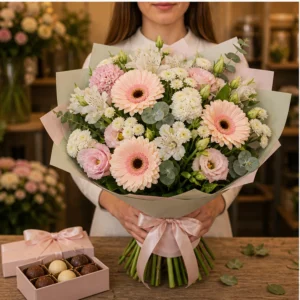 Cadou cu flori pastel cu gerbera si praline - poza 3