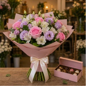 Cadou cu flori romantic roz cu ciocolata - poza 1