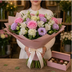 Cadou cu flori romantic roz cu ciocolata - poza 3