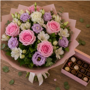 Cadou cu flori romantic roz cu ciocolata - poza 4