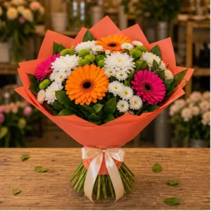 Cadou cu flori vesel multicolor cu gerbera - poza 1