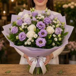 Cadou pentru ea lila cu lisianthus si salal - poza 3