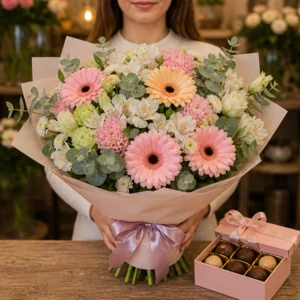 Cadou pentru ea pastel cu gerbera si praline - poza 3