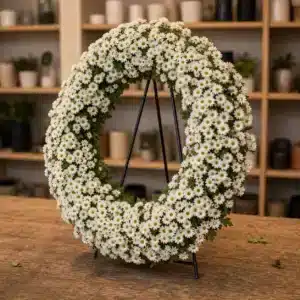 Coroana funerara rotunda cu crizantema alba - poza 3