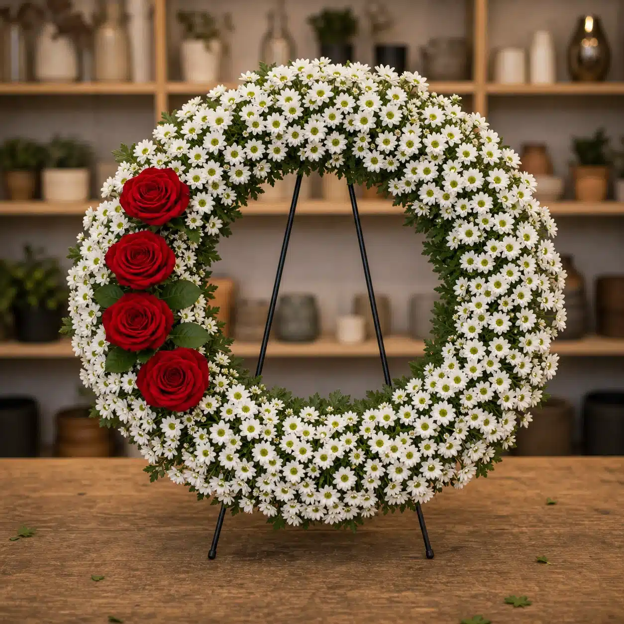 Coroana funerara rotunda cu crizantema alba si 4 trandafiri rosii intr-o parte - poza 1