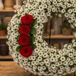Coroana funerara rotunda cu crizantema alba si 4 trandafiri rosii intr-o parte - poza 2