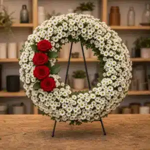 Coroana funerara rotunda cu crizantema alba si 4 trandafiri rosii intr-o parte - poza 3