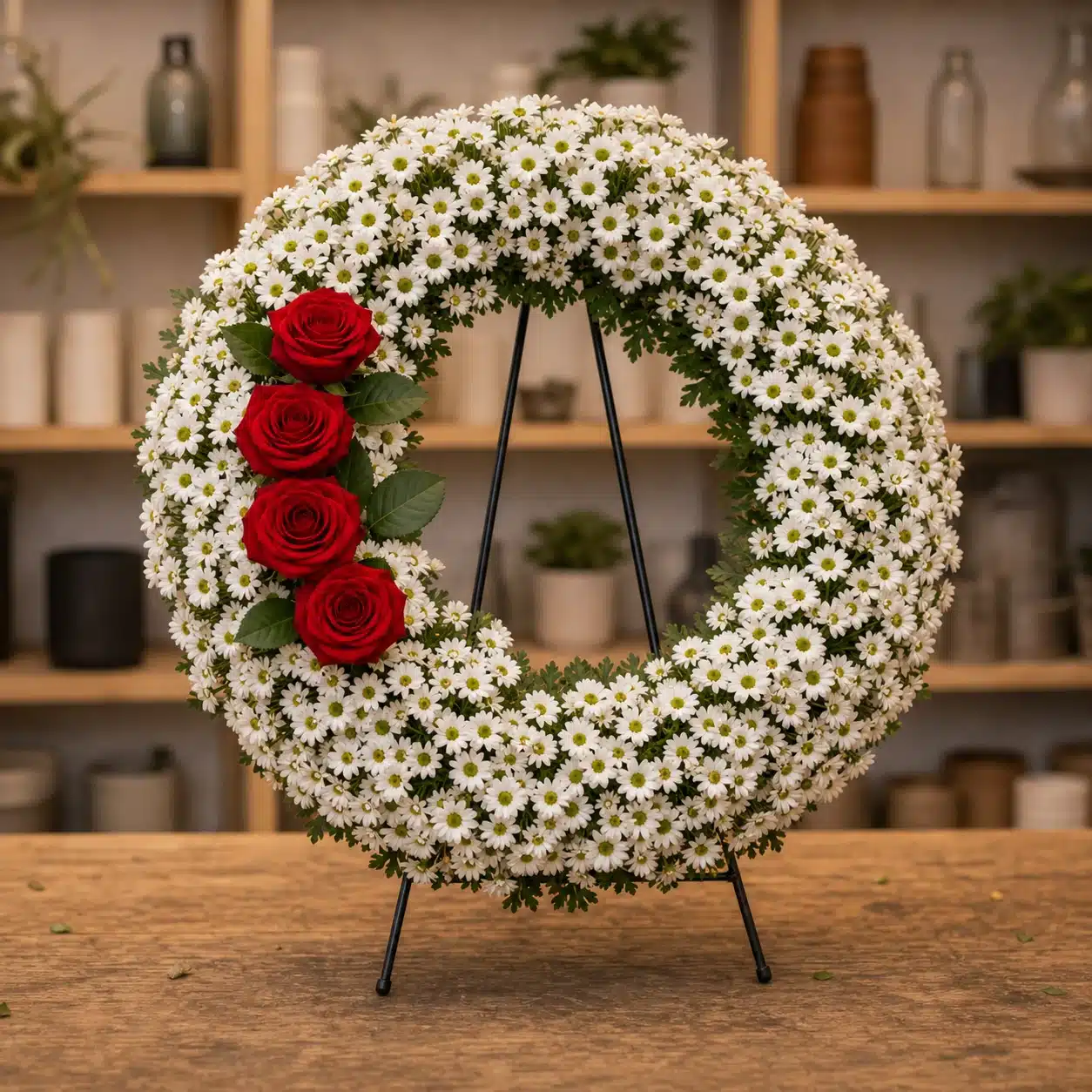 Coroana funerara rotunda cu crizantema alba si 4 trandafiri rosii intr-o parte - poza 3