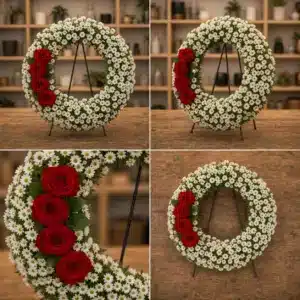 Coroana funerara rotunda cu crizantema alba si 4 trandafiri rosii intr-o parte - poza 4