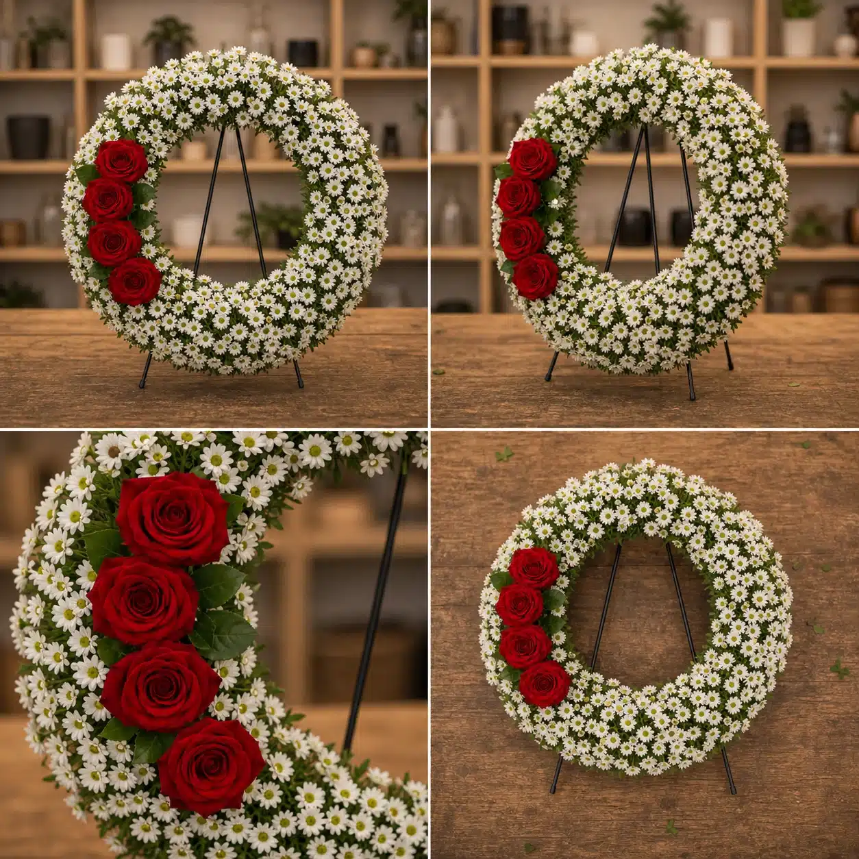 Coroana funerara rotunda cu crizantema alba si 4 trandafiri rosii intr-o parte - poza 4