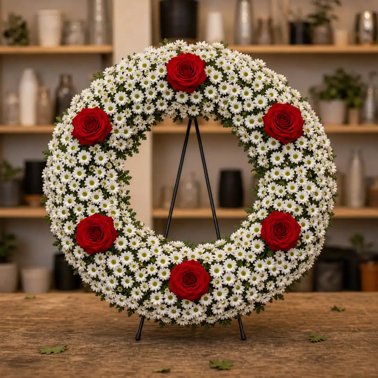 Coroana funerara rotunda cu crizantema alba si 6 trandafiri rosii pe toata circumferinta - poza 1
