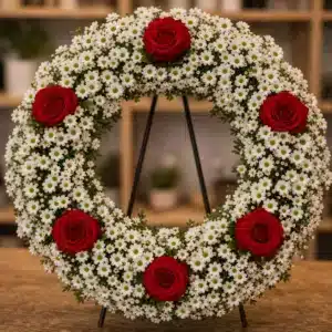 Coroana funerara rotunda cu crizantema alba si 6 trandafiri rosii pe toata circumferinta - poza 2